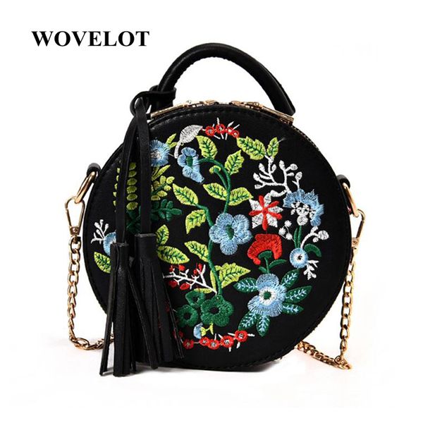 

fggs women's retro embroidery flowers handbag pu leather tassel shoulder bag for ladies evening round bag female crossbody