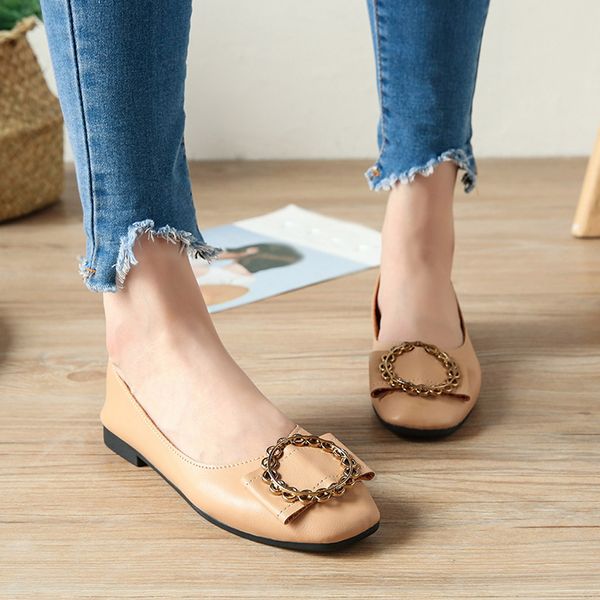 

casual flat ladies shoes women leather shallow slip on low heel flat square toe jobs single platform shoes woman, Black