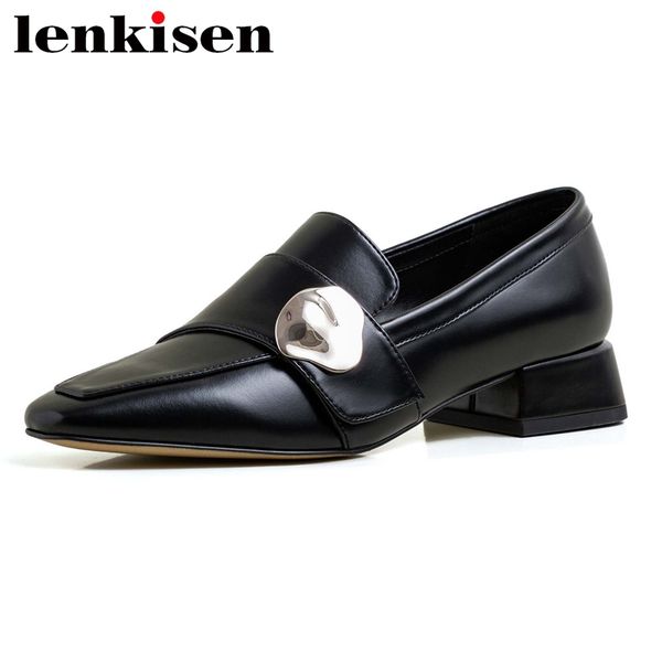 

lenkisen black white full grain leather small square toe med heel shoes women metal decorations elegant lady leisure pumps l69