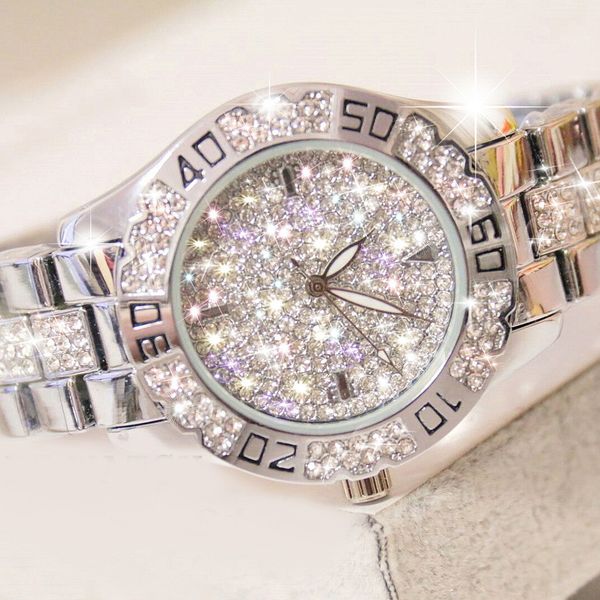 

luxury diamond watch set diamond watch stainless steel band quartz bracelet trend joker jewelry women's watches, Slivery;brown