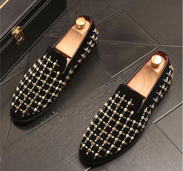 

new arrival mens loafers fashion party night club breathable soft leather rivet shoes slip on lazy shoe flat platform loafer personality, Black
