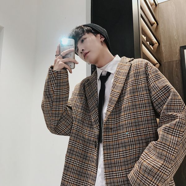 

winter short woolen coat men's fashion retro business casual suit jacket man streetwear wild loose tartan woolen jacket male, Black