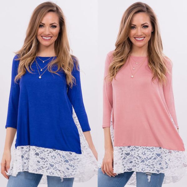 

fashion women's ladies shirt loose casual blouse cotton lace patchwork pink blue autumn, White