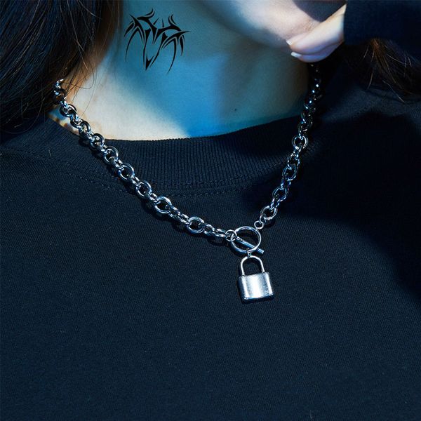 

rock choker lock necklace layered chain on the neck with lock punk jewelry mujer key padlock pendant necklace for women gift, Silver