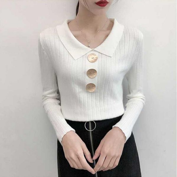 

women sweater autumn turn-down collar long sleeve winter clothes button 2019 new knitted casual solid elegant pullover, White;black