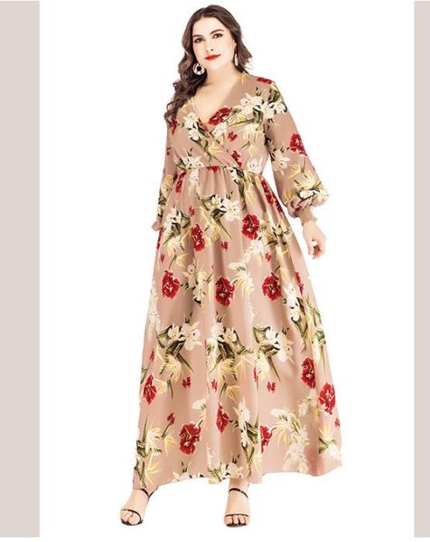 

Plus Size Women Floral Dress Deep V neck Lantern Sleeves Long Dresses Female Big Size Elegant Dress 5XL 6XL