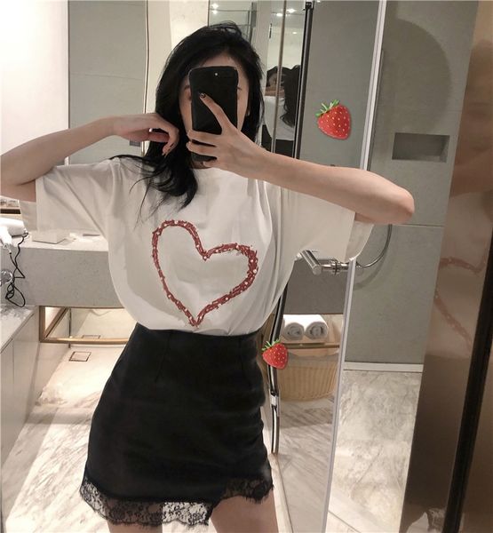 

2019 люблю жемчуг круглым воротом свободные коротким рукавом 2019 all-матч любовь жемчужные круглый воротник футболка с коротким рукавом все, White