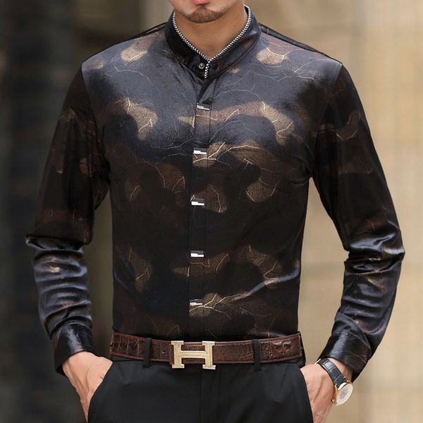 

новая мода печати рубашка velvet рубашка мужчины весна streetwear длинные рукава камиза masculina бизнес immiate шелковый цветок мужчины, White;black