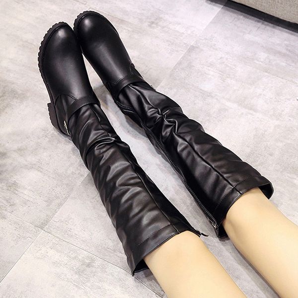 

winter women zipper square heel solid color high boots knee-high shoes round toe boots leather motorcycle combat shoes, Black