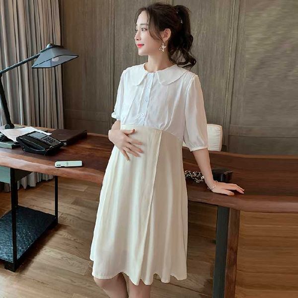

pregnant women dress summer fashion short sleeve peter pan collar cotton patchwork chiffon maternity dress office lady clothes, White