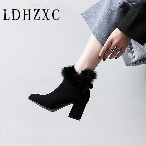 

ldhzxc 2019 women ankle boots women boots all match pointed toe square high heel zipper big size 43 47 48, Black