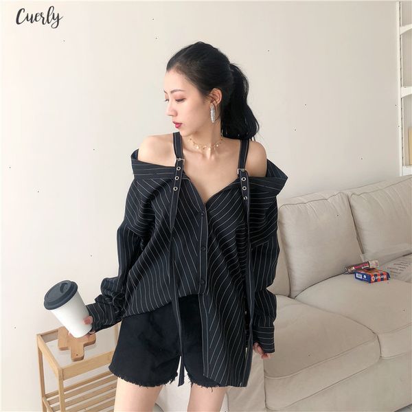 

new 2020 fashion personality black strap vertical stripe off shoulder long sleeve shirt females blouse vestido ye22801, White