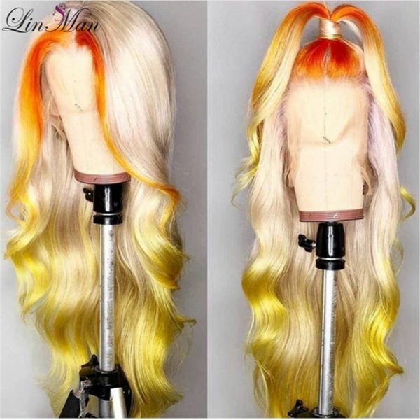 

lin man 613 yellow &orange color lace front human hair wigs pre plucked hairline brazilian remy wig with baby hair, Black;brown