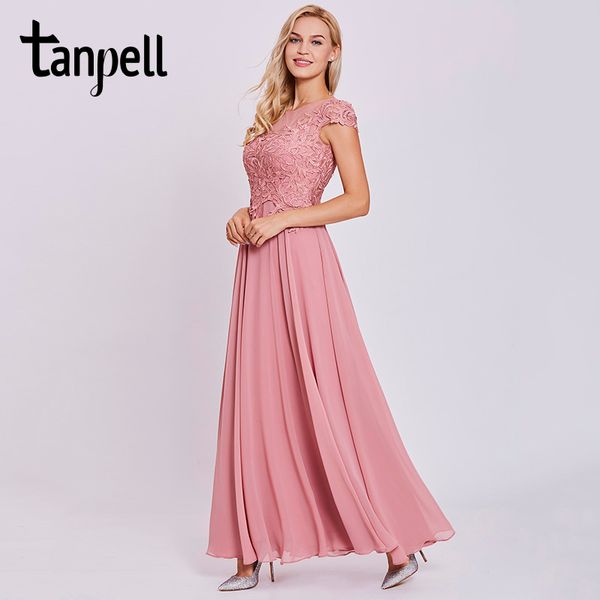 

tanpell appliques prom dresses peach cap sleeves lace floor length a line gown women scoop evening formal long prom dress, White;black