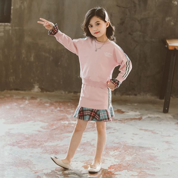 

cuhk children's skirt set plaid patchwork hoodie+skirts 2pcs girls outfits teenager girl cotton blend pullover casual kids suit, White