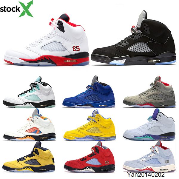 

fire red 5 men basketball shoes 5s og metallic black blue suede bred white cement mens trainers sneakers sports size 40-47