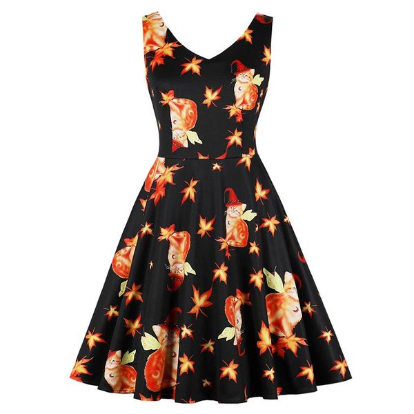 

summer dress 2019 mini dress new women's sleeveless v-neck swing 3d cat pattern print swing vestidos, Black;gray
