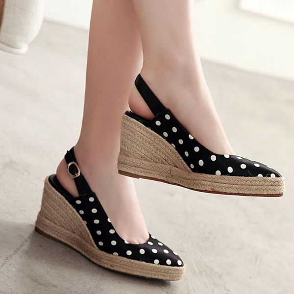 

fashion women's polka dot pointed flat wedge heels black and white buckle sandals chunky heels sandals wedge 2020 #3