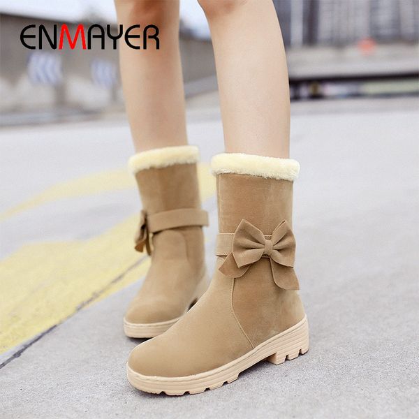

enmayer round toe cow suede snow boots mid-calf slip-on hoof heels solid shoes short plush butterfly-knot women's boots, Black