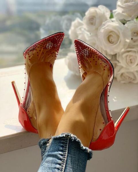 

rhinestone embellished transparent thin heels, Black