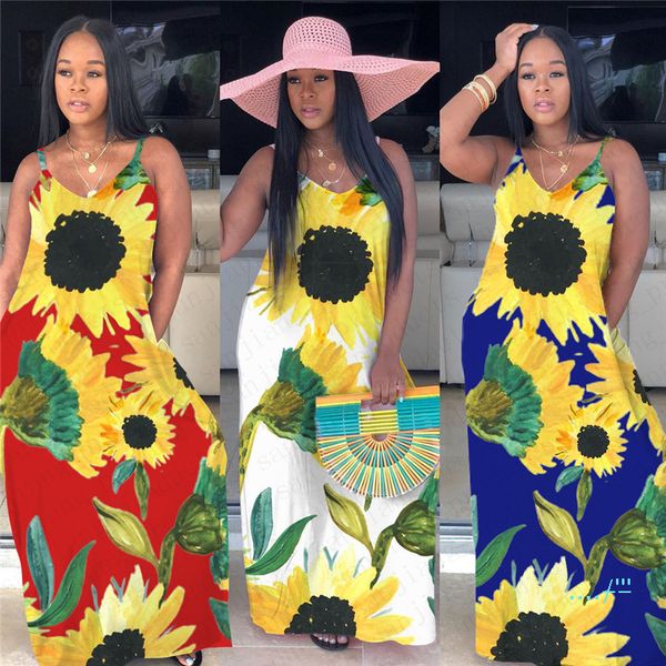 

2020 sunflower print women's long dress sleeveless mixi dresses summer vest tank skirts bodycon fashion party club beach dress d5507, White