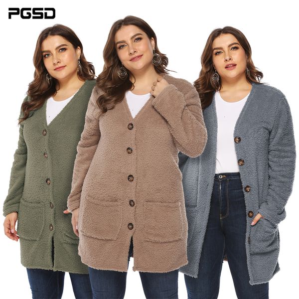 

pgsd new pure color simple fashion big size women's clothing double faced pile big pocket plush knitted sweater button cardigan, White;black