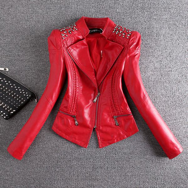 

2019 fashion leather jacket women spring and autumn rivet pu leather coat women short slim motorcycle jacket 3xl plus size, Black