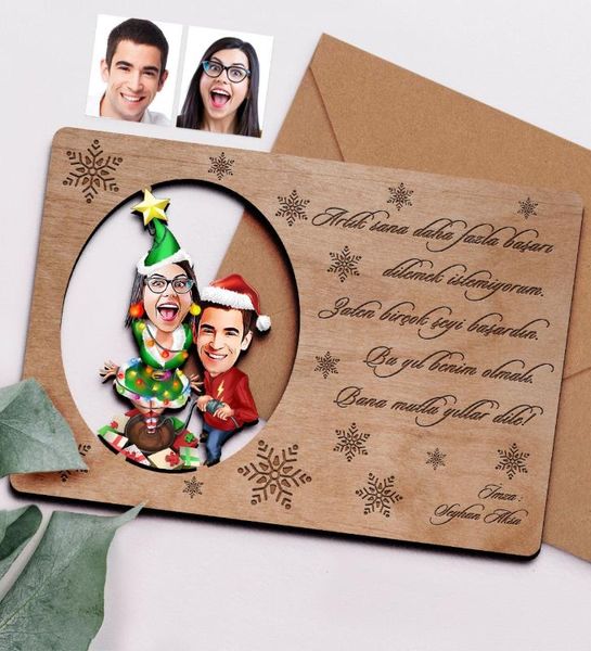 

personalized valentine caricature of retro wooden christmas greeting card-1