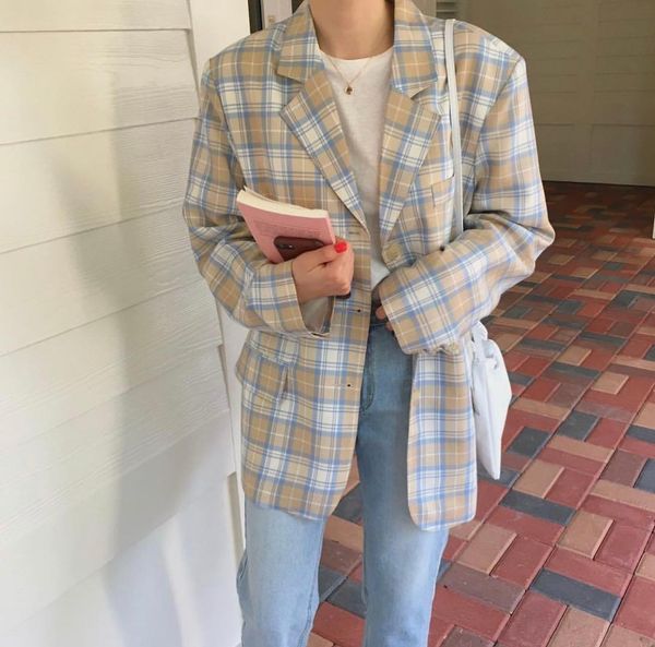 

spring summer casual blazer korean women long sleeve temperament plaid blazers and jackets loose clothes woman blazer 2019, White;black