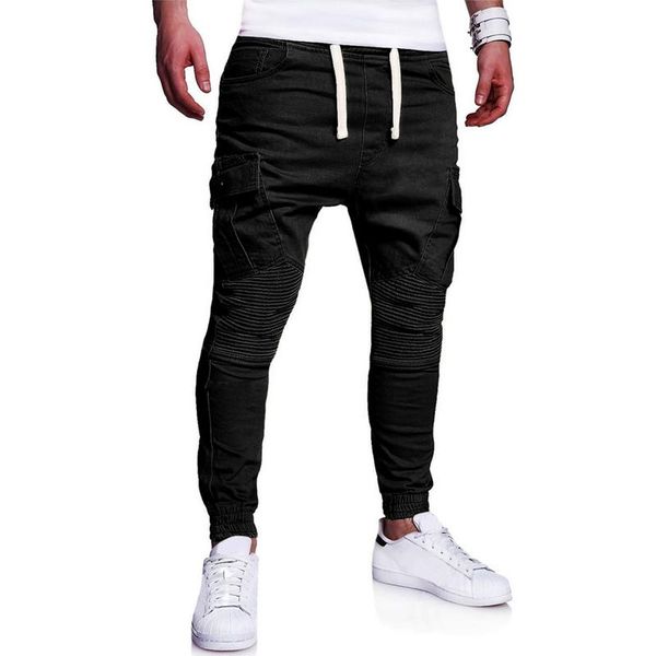 

2019 Spring Men's Cargo Pants Loose Solid Color Multi Pockets Plus Size M-4XL Trousers Casual Jogging Drawstring Belt Men Pants