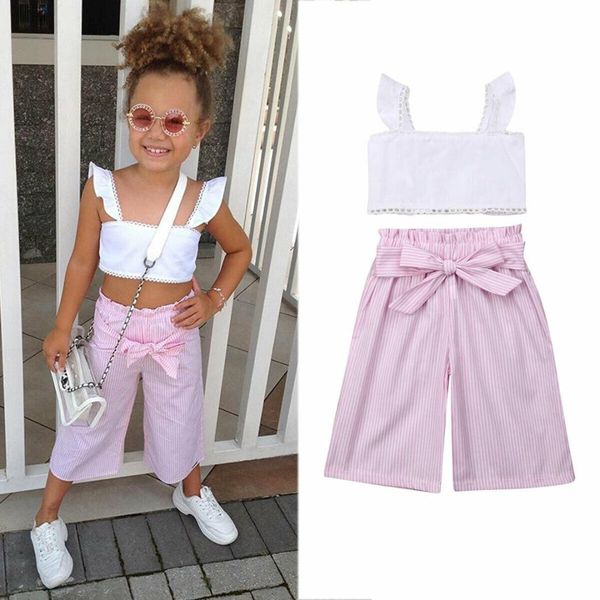 

toddler baby girl lace sleeveless vest stripe long pants summer fashion girls clothes set 1-6y set, White