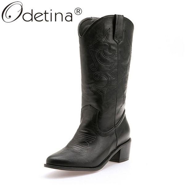 

odetina women chunky mid heel pull on cowgirl cowboy boots embroider winter western pointed toe mid calf tabs boots big size 46, Black