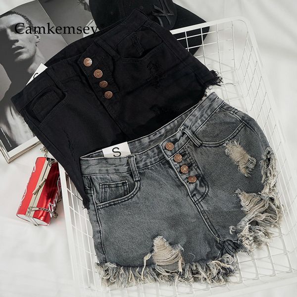 

camkemsey summer shorts women fashion single breasted ripped holes cuffed tasseles basic high waist denim shorts, White;black