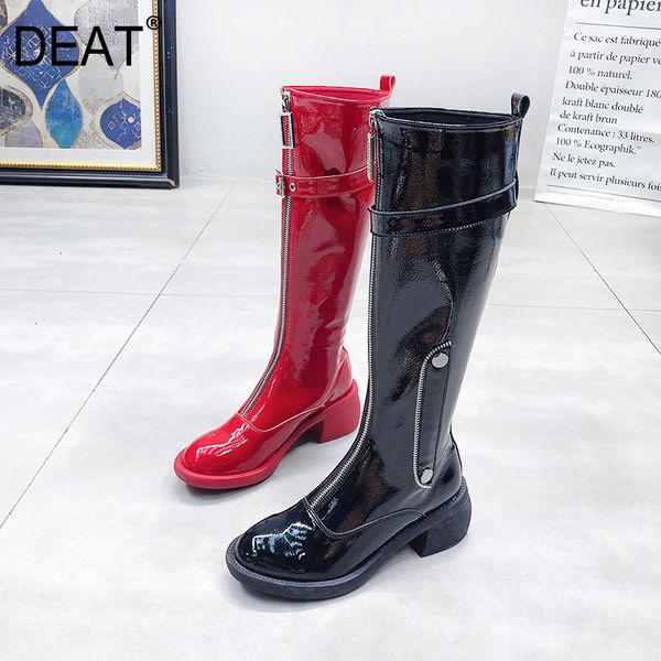 

deat] 2019 round toe zipper patent leather buckle strap letters single shoes women boots new spring autumn fashion tide 10e338, Black