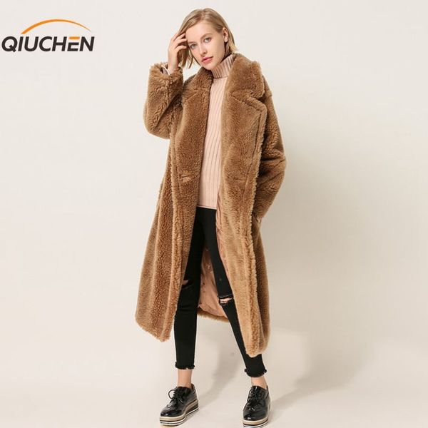 

qiuchen pj1848 нового прибытие бесплатной доставки реальной шерсти овец пальто длинный стиль более размера моды женщины куртки, Black