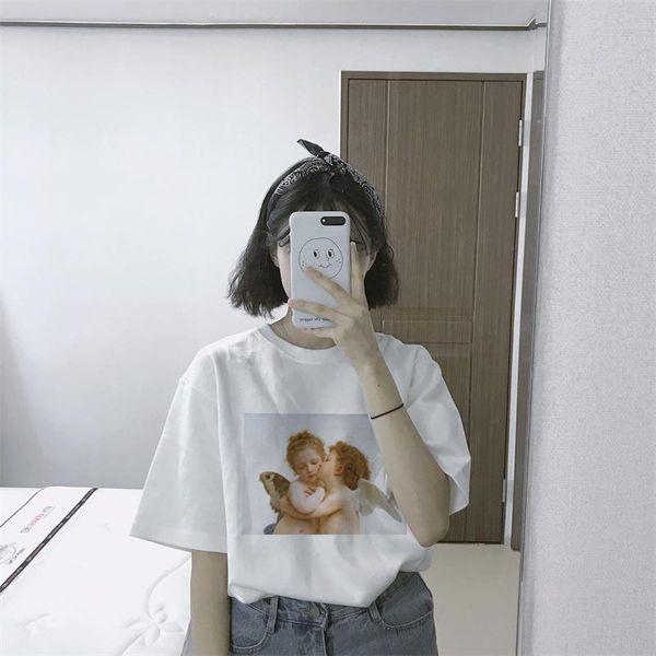 

septhydrogen brand designer fashion kawaii angel printed women t shirts summer loose short sleeved o-neck casual clothing tee, White