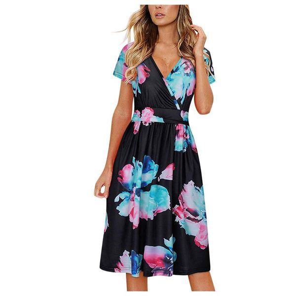 

women's summer mid calf dress 2020 new sleeve v-neck dress ladies floral vestiti eleganti donna cerimonia sera estate#g2, Black;gray