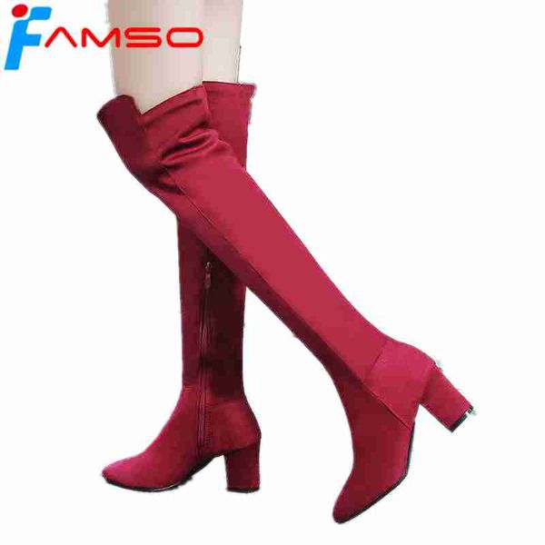 

famso 2019 new black red thigh high boots pointed toe hoof heels autumn women boots winter fashion motorcycle