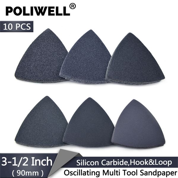 

poliwell 10pcs 3-1/2 inch grit 60/80/100/1200/240/400 sanding sheet silicon carbide triangular flocking sandpaper wood grinding