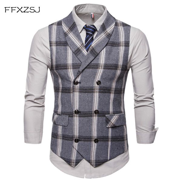 

ffxzsj new classic plaid костюм жилет мужчин slim fit double breasted vest жилет мужские бизнес свадебные tuxedo gilet homme, Black;white