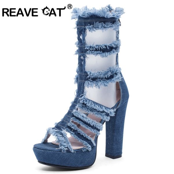 

reave cat women's mid calf boots summer boots spike heel zipper platform denim turned-over summer solid black blue casual a2032