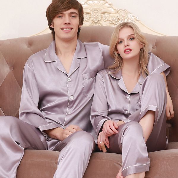 

silk lovers pajama sets spring autumn new ice silk sleepwear male female couple long-sleeve pyjama for men women 1107, Black;red