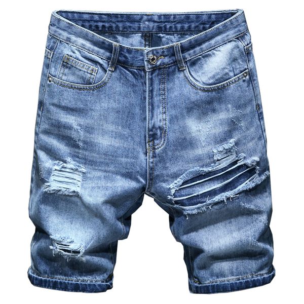 

sokotoo men's holes ripped blue denim shorts summer casual slim straight jeans