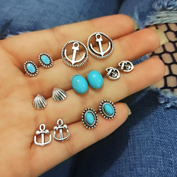 

7шт / комплект ухо мода ретро высокого качества turquoise бич серии anchor shell stud комбинированный набор уха оптовой продажи ювелирных из, Golden;silver