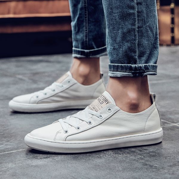 

2020 fashion men casual shoes genuine leather men shoes lace-up breathable soft white sneakers casual flats loafer, Black