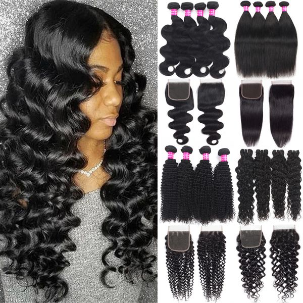 

brazilian human hair weaves deep wave 4bundles with lace closure loose wave virgin hair bundles with 4x4 lace closure human hair extensions, Black