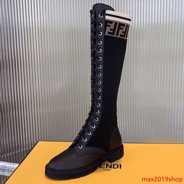 

2020 newfendiautumn leather stitching f letter high boots women s straps wild socks boots flat knit elastic boots
