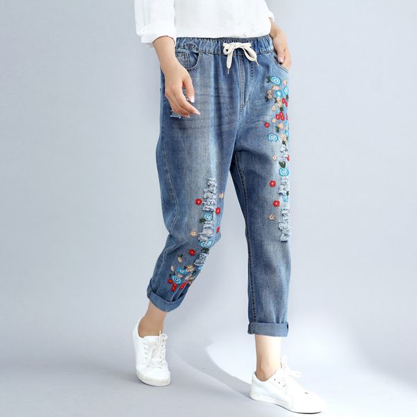 

plus size 3xl floral embroidery boyfriend ripped jeans for women harem pants lace up drawstring denim jeans, Blue