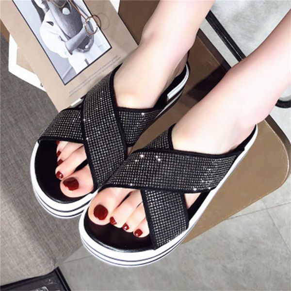 

2020 summer woman crystal slippers ladies casual beach shoes women falts platform female cross slides women's solid footwear, Black