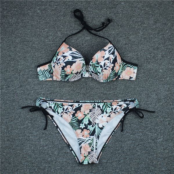 

summer 2020 halter flower printed women bikini set bandage swimwear push up padded summer bathing suit beach swimsuit